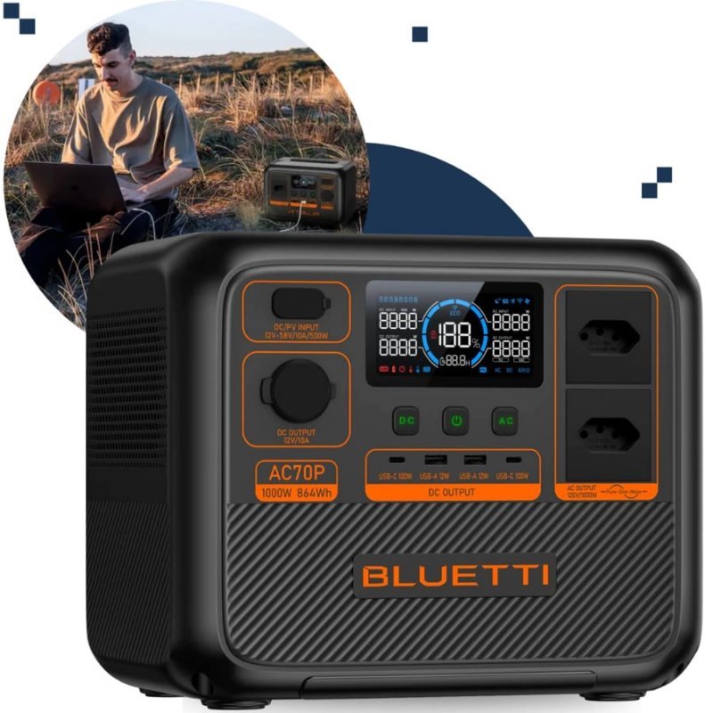 Estação de Energia Bluetti AC70P 1000W 864Wh 110V UPS 20ms Bateria LiFePO4 Carregamento Turbo 80% em 45min