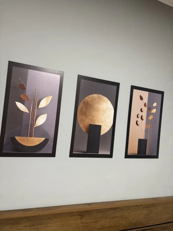 Kit 3 Quadros Decorativos Abstratos Folhagem Dourada