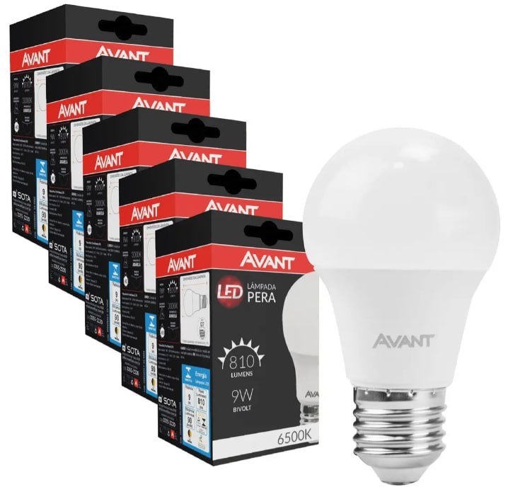 Kit 5 Lâmpadas LED Avant Bulbo Pera 9W Luz Branco-Frio 6500K