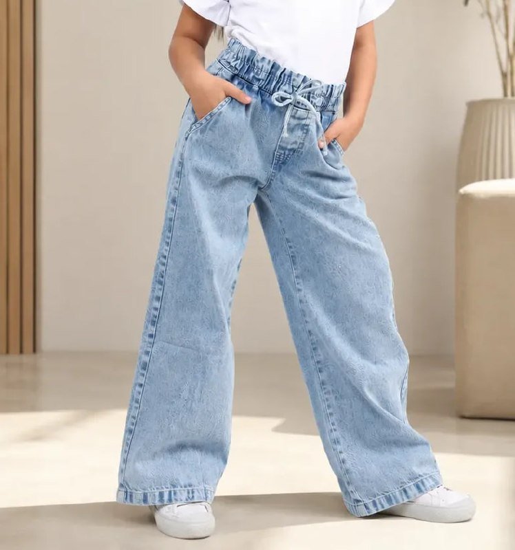 Calça Jeans Wide Leg 100% Algodão Infantil Elástico Clochard