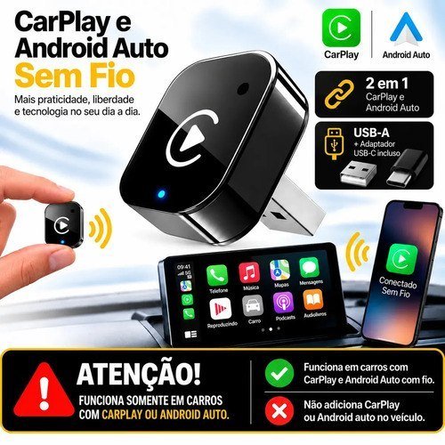 Adaptador CarPlay Sem Fio Android Auto 2 em 1 Kateluo