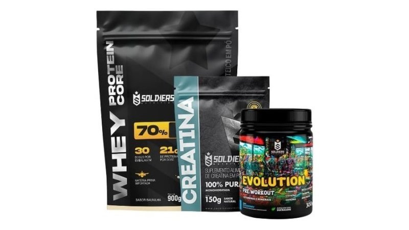 Kit Whey Core 70% de Proteína Concentrada 900g + Pré-Treino Evoluition 300g + Creatina 150g Soldiers Nutrition
