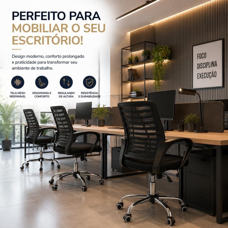 Cadeira de Escritório Ergonômica Mesh Giratória Base Cromada