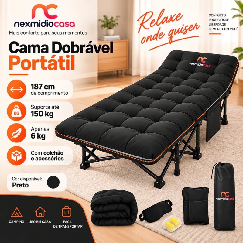 Cama Dobrável Portátil para Camping com Colchão 187cm Suporta até 150kg Oxford 1200D com Bolsa e Acessórios