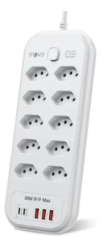 Filtro De Linha Régua Extensão 10 Tomadas Com 3 Usb E 2 Pd Branco 127/220v