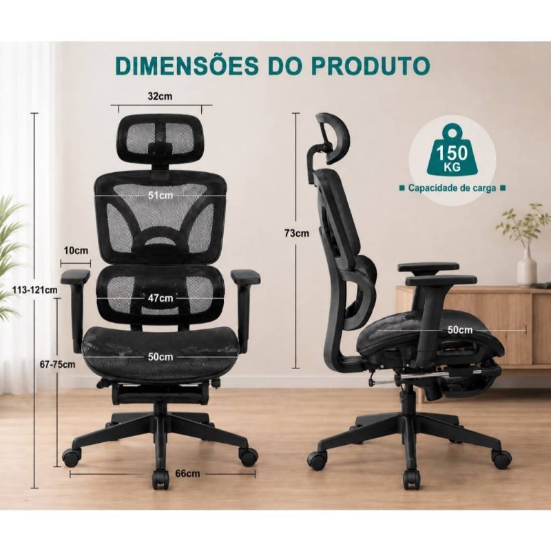 Cadeira Presidente Ergonomica Escritorio Mesh Reclinavel Com Apoio De Pes Retratil