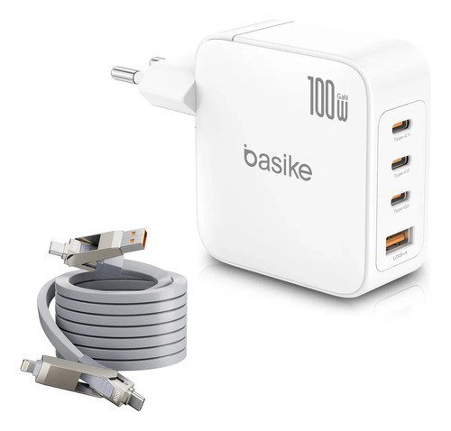 Carregador de Parede Basike 100W Turbo GaN com 3 USB-C e 1 USB-A e Cabo de Dados 4 em 1