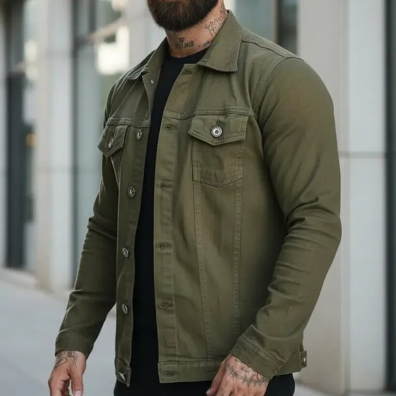 Jaqueta Sarja Jeans Premium Verde Militar Moda Com Elastano + Frete Grátis