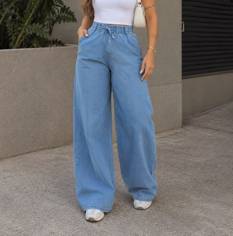 Calça Jeans Feminina Pantalona Wide Leg Cintura Elastico