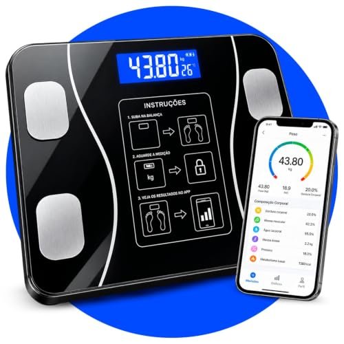Balança Corporal Inteligente Digital Bluetooth até 180kg, Bioimpedância, Aplicativo, Gordura Corporal, Massa Muscular, Precisão 50g Fitness Premium