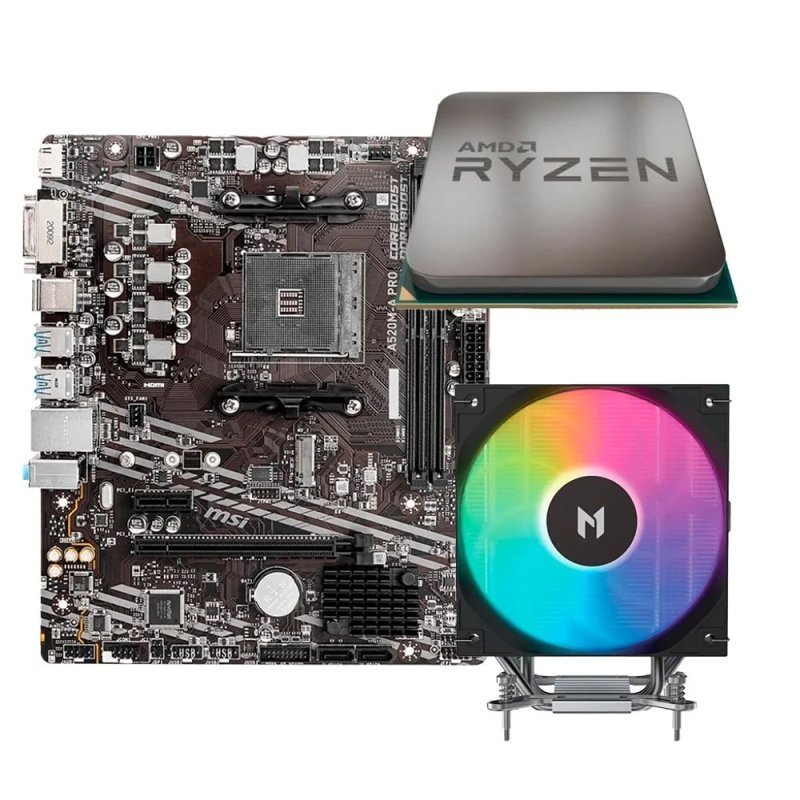 Placa Mãe MSI A520M-A PRO + Processador AMD Ryzen 5 5500F + Air Cooler MACH1 ARTIC