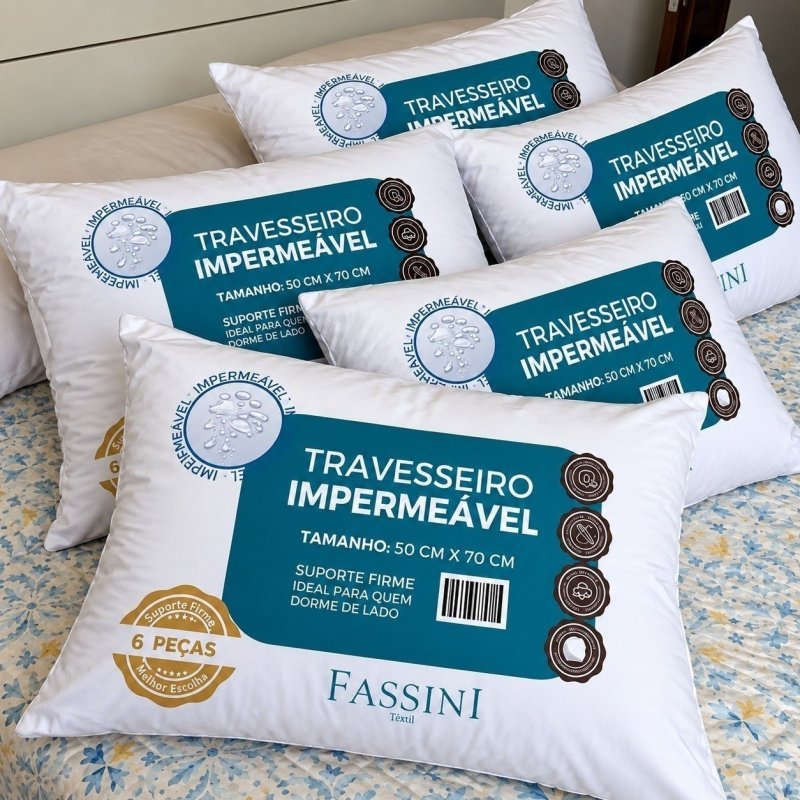Kit 6 Travesseiros Antialérgico Impermeável 50x70 Lavável Branco