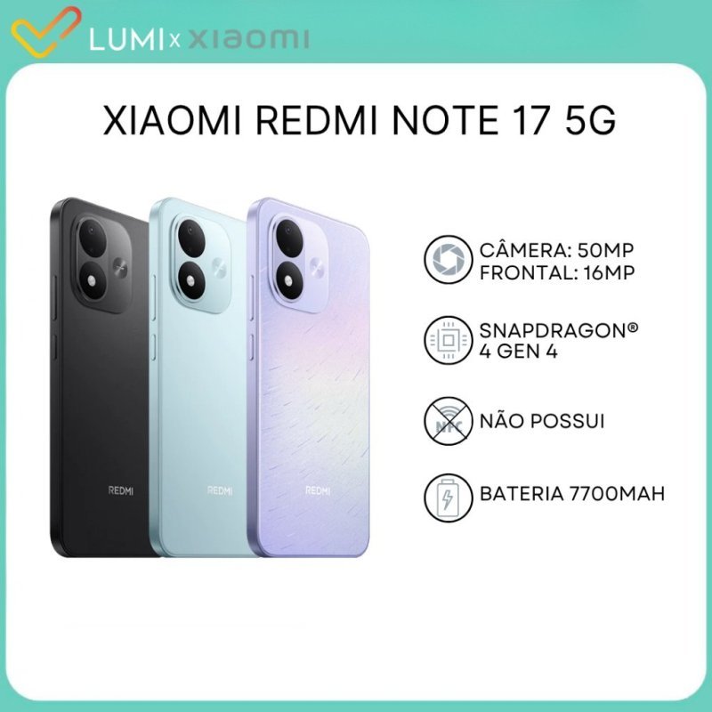 Xiaomi Redmi Note 17 5G, Bateria 7700 mAh, Versão Global, Snapdragon® 4 Gen 4