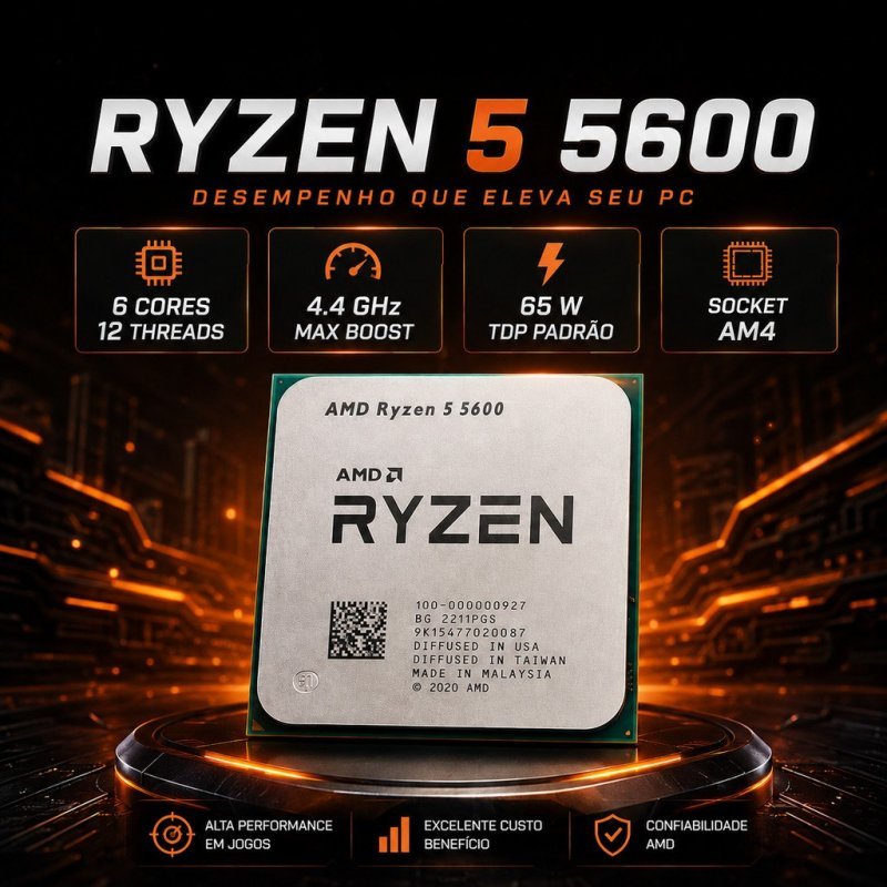 Processador Ryzen 5600 AM4 AMD 6 núcleos e 12 threads Cache L3 32 MB PC gamer 3.5GHz (TURBO 4.4GHz)