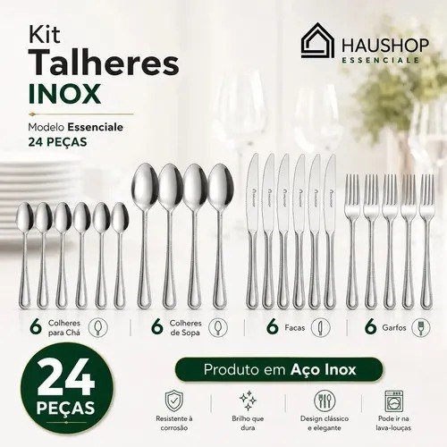 Faqueiro Inox 24 Peças Essenciale Haushop Jogo De Talheres Conjunto Mesa Posta Premium Resistente
