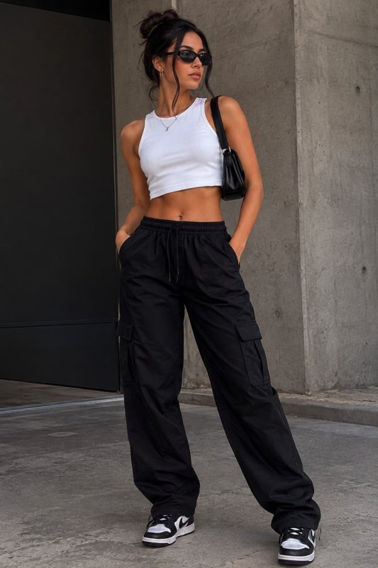 Calça Cargo Feminina Wide Leg Algodão Cintura Alta