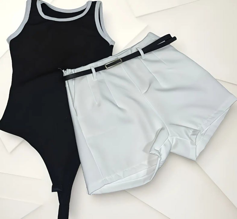 Kit Short Alfaiataria Body Canelado Feminino Liso