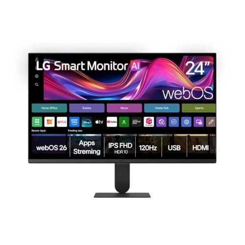 Monitor LG Smart, Tela IPS de 24”, FHD, WebOS 26, HDR10, ThinQ, Wi-fi, AirPlay, Bluetooth, 5ms (GtG), 120Hz, 2X USB, 2X HDMI, Preto- 24U511SB