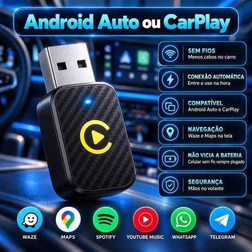 Adaptador CarPlay Sem Fio Android Auto 2 em 1 USB