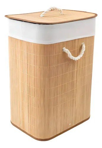 Cesto para Roupas Bambu Dobrável com Tampa Bege 60L Texfine