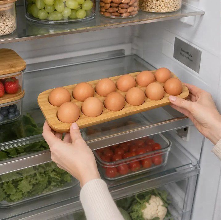 Porta 12 Ovos Bambu Cozinha Organizador De Geladeira Luxo Madeira + Frete Grátis