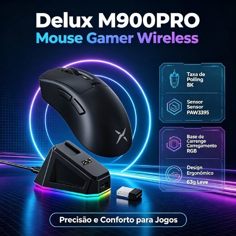 Mouse Delux M900 Pro, Paw3395, 8000hz, com dock de carregamento