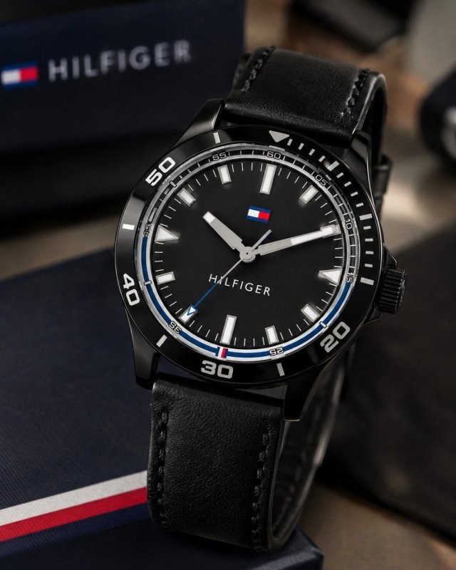 Relógio Masculino de Couro de Quartzo Preto Tommy Hilfiger