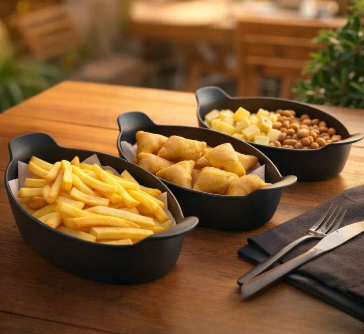 Kit Com 05 Travessas Canoa Plástico Preto 24cm, Petisco + Frete Grátis