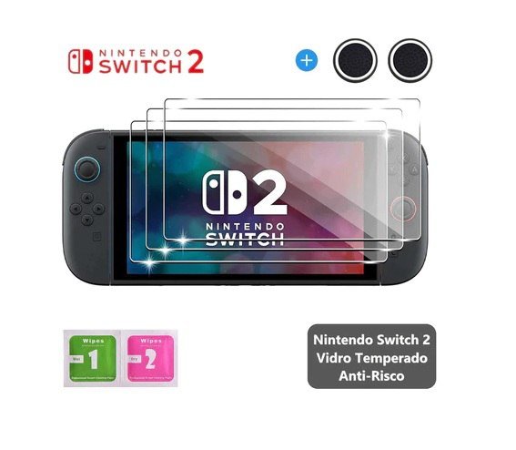 Película de Vidro Nintendo Switch 2 + 1 Par Grip Aleatório
