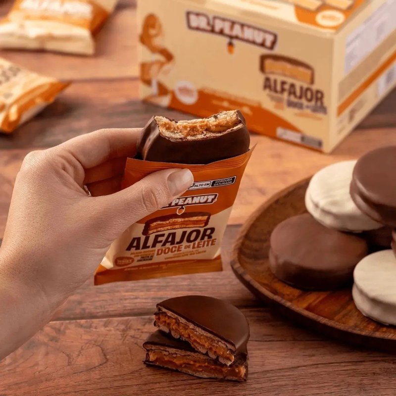 Pack Alfajor Dr. Peanut com Whey Protein, Sabor Doce de Leite e Cobertura de Chocolate, 12 Unidades