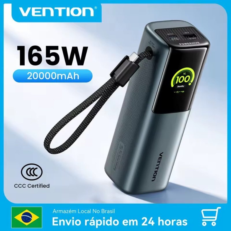 Power Bank Vention 20000mAh 165W PD 3.0 PPS com Cabo USB-C Integrado e Display Digital