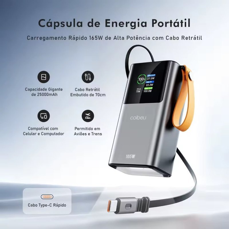 Coibeu Power Bank 25.000mAh 165W PD, Carregamento Rápido USB-C, Cabo Retrátil Integrado, Display Digital e Lanterna LED