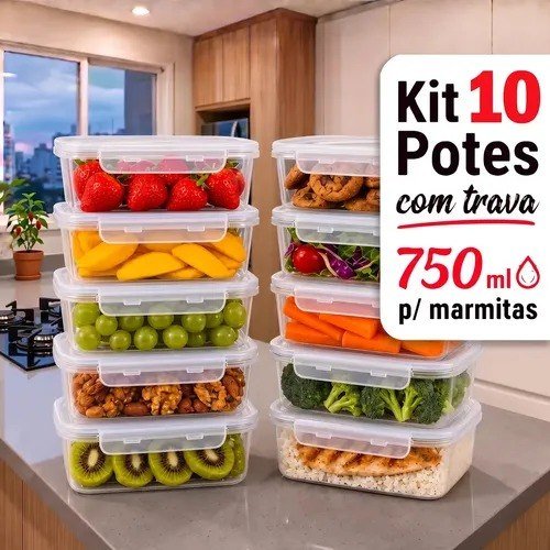 Kit 10 Potes 750ml Com Tampa Trava Plástico Transparente Para Mantimentos