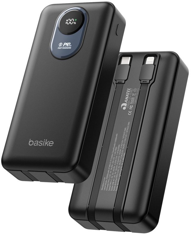 Basike Power Bank 20000mAh, 2 Cabos Integrados