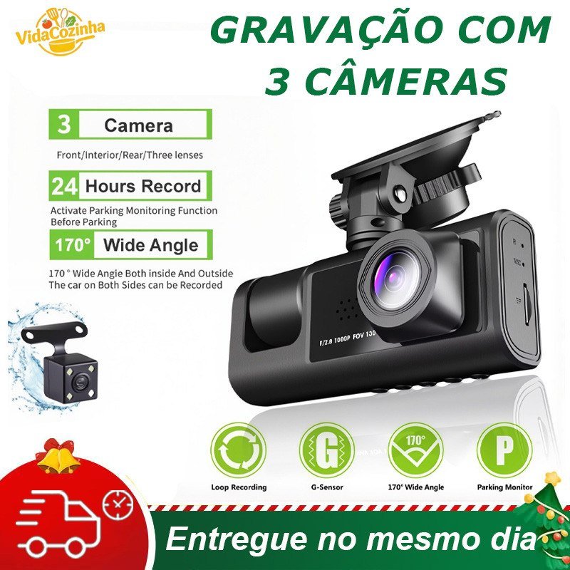 Gravador Veicular Tela Ventosa 3 Lentes (Frontal + Interna + Traseira) com Tela LCD