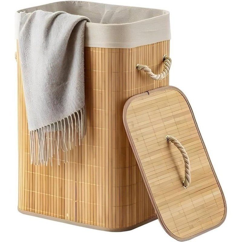 Cesto Roupa Bambu Retangular Redondo Com Tampa