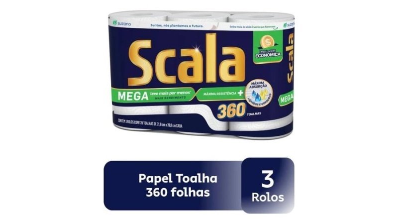 Papel Toalha em Rolo Scala Plus Mega, 360 Toalhas 3 Rolos de 120 Toalhas Cada
