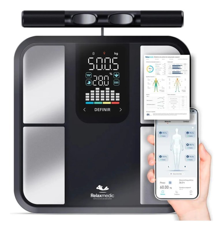 Balança Digital de Bioimpedância Relaxmedic, 8 Sensores – Preta