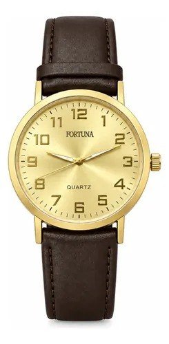 Relógio De Pulso Masculino Minimalista Old Money Fortuna Marrom Cx Dourada
