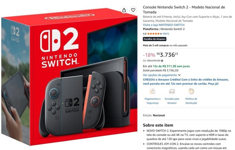 Console Nintendo Switch 2 - Modelo Nacional de Tomada