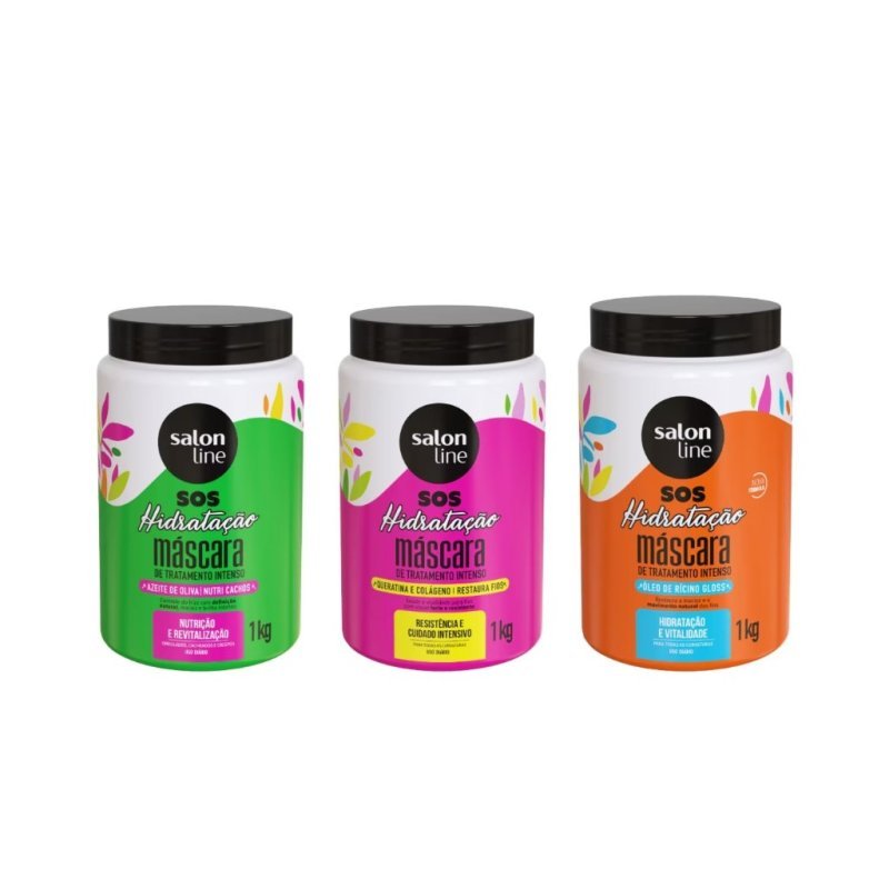 Kit com 3 Máscaras SOS Hidratação: Ultra Cachos + Turbinada + Bio-Reconstrução Salon Line