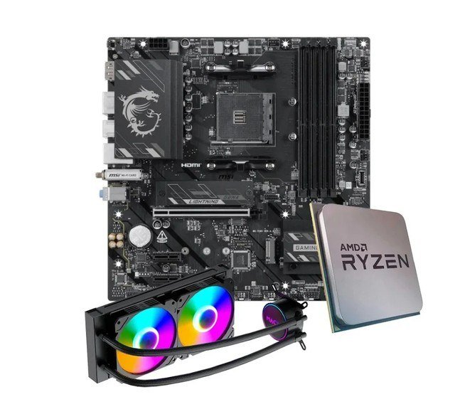 Placa-Mãe MSI B550M Gaming Plus WiFi6E + Processador AMD Ryzen 7 5700X + Water Cooler MACH1 Logic, RGB, 240mm