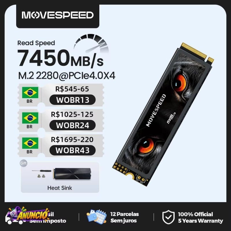 Nvme 2TB Pcie 4.0 Movespeed 7450 MB/s SSD NVMe M.2 2280