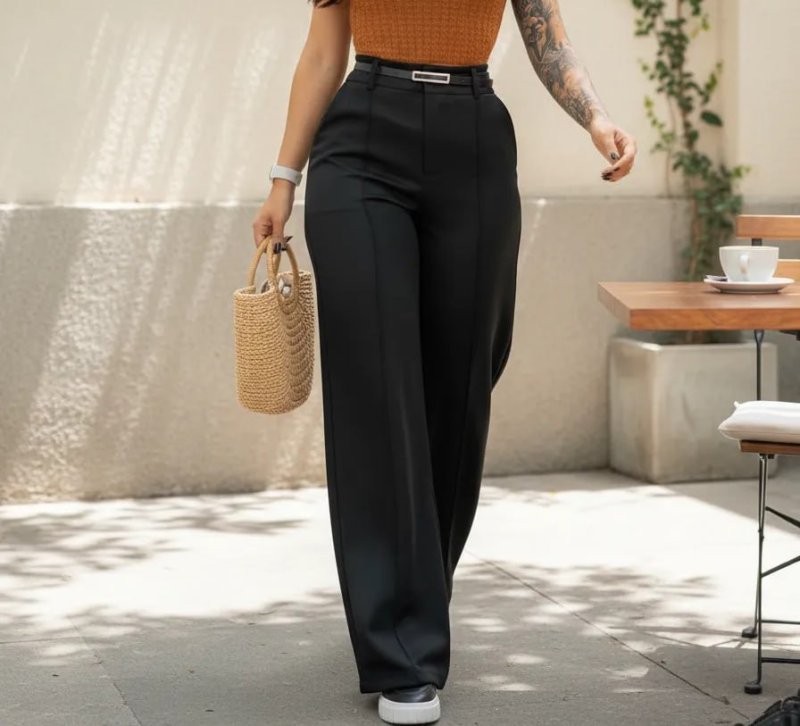 Calça Feminina Pantalona Alfaiataria Cintura Alta Com Cinto