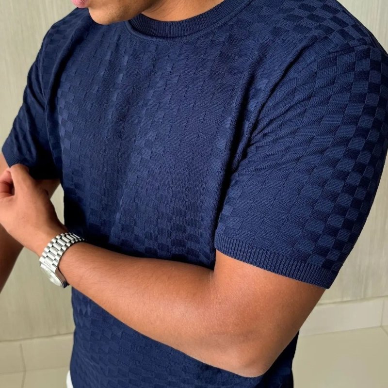 Camiseta Masculina Manga Curta Xadrez Tricô Leve Elegante (P ao GG)