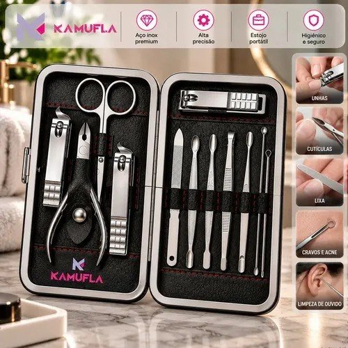 Kit Cortador De Unha Portátil Estojo Alicate Manicure 12 Pç