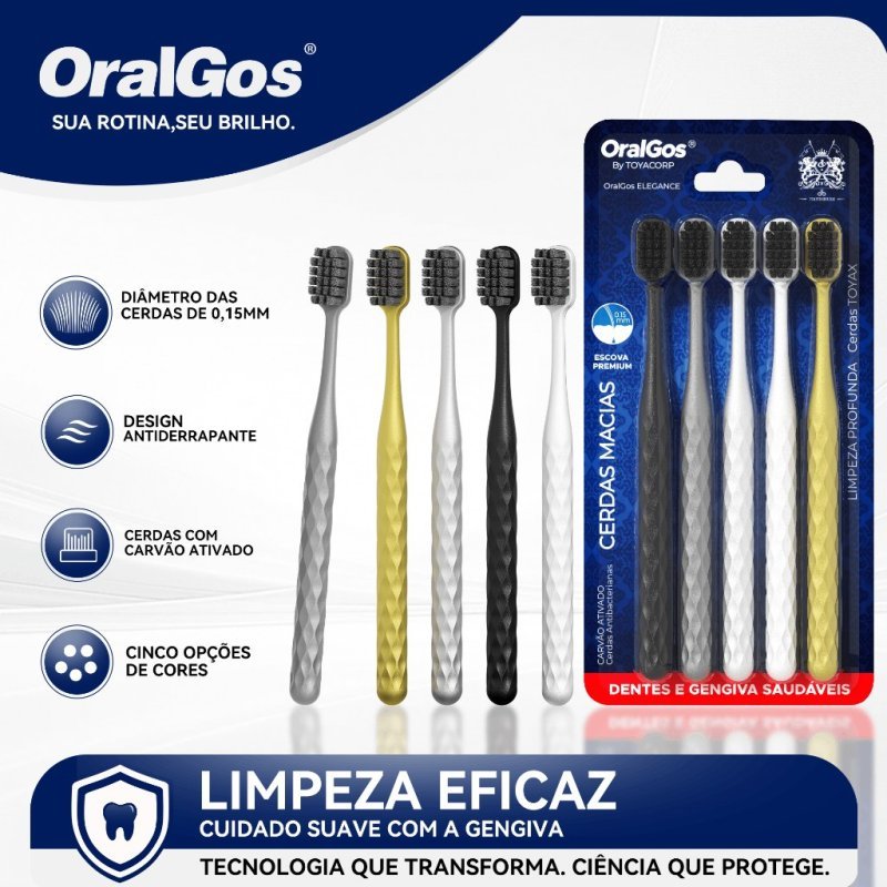 Escova Premium OralGos com Cerdas de Carvão e Pega Antiderrapante