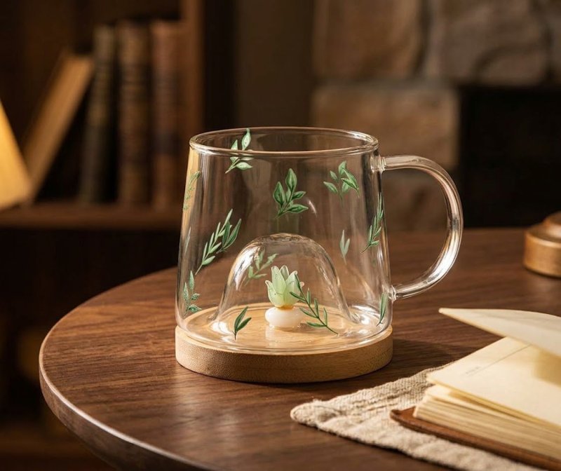 LYOR - Caneca de Vidro Borossilicato Resistente ao Calor com Pires de Bambu Suculenta 350ml