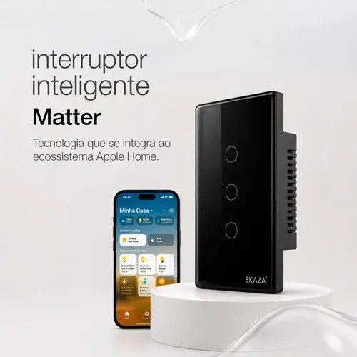 Interruptor Inteligente Matter Compativel Com iPhone Siri Wi-fi 2.4 Ghz Alexa Google Tuya 3 Botões 4x2 Bivolt Preto Ekaza