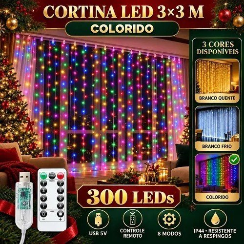 Pisca Cortina 300 Leds 3x3m Usb Ip44 8 Modos Iluminação Luzes Fada Decoração De Natal Festa Colorido Luvinco